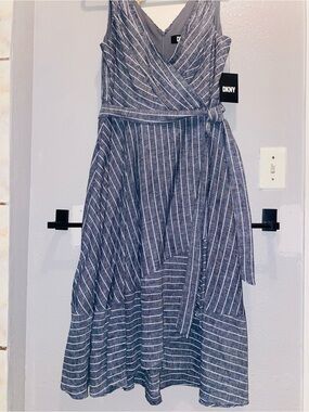 DKNY Navy and White Striped Wrap Midi Dress with Tie Waist